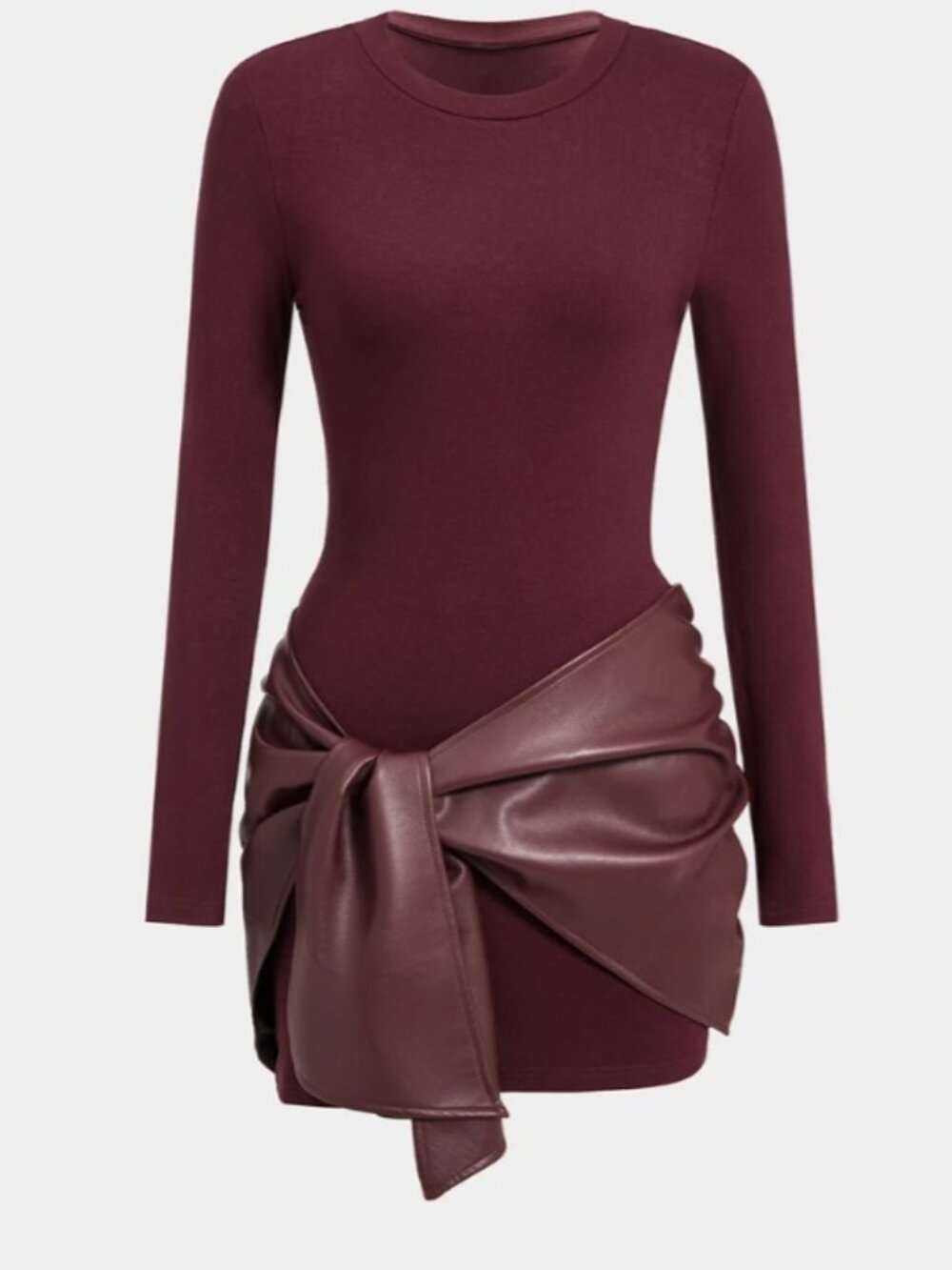 Faux Leather Tie Front Round Neck Ruched Mini Dress Burgundy Size Large